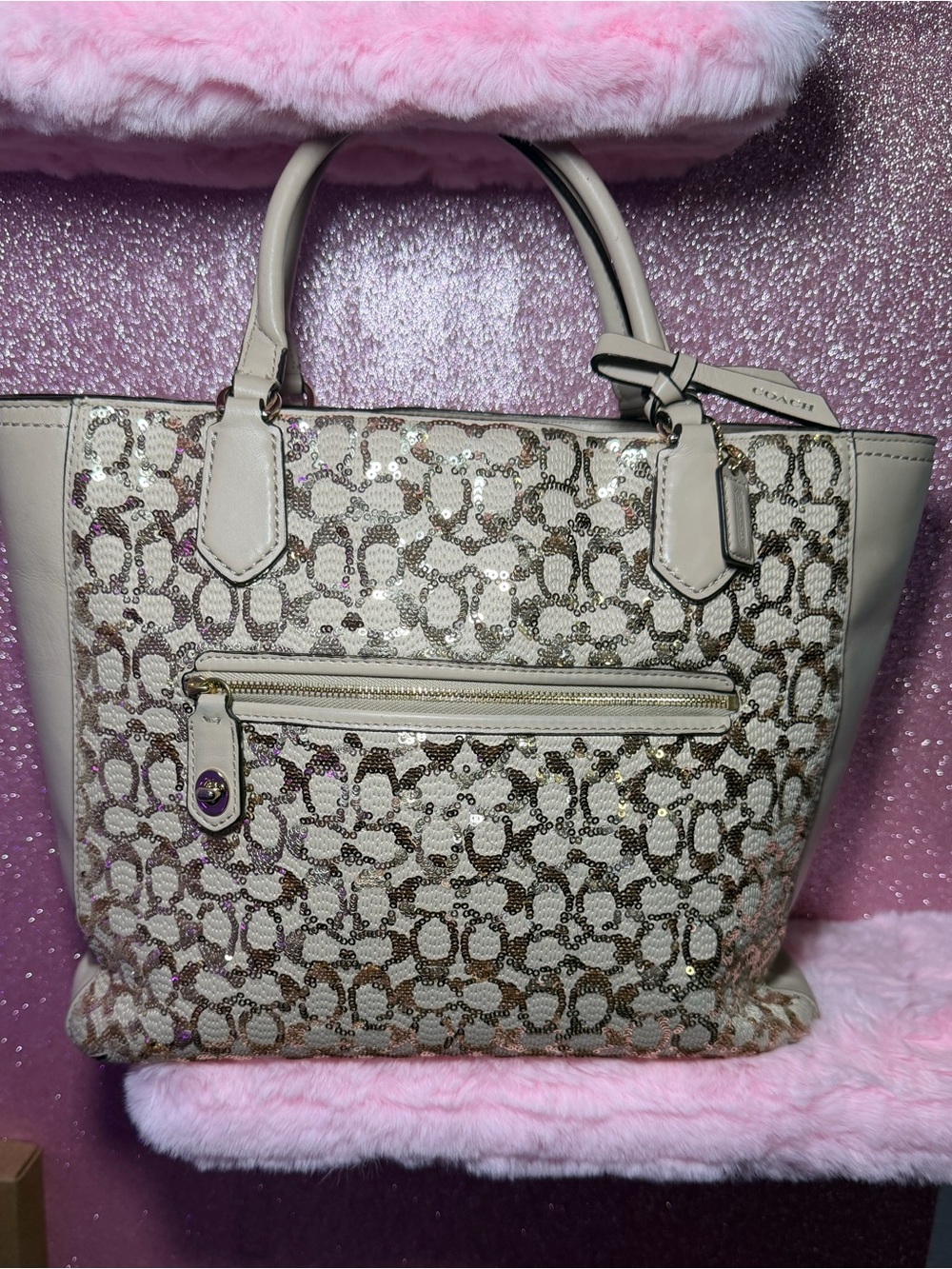 Coach Poppy Blaire Tote Sequin Signature C Chalk Gold F1320-26432